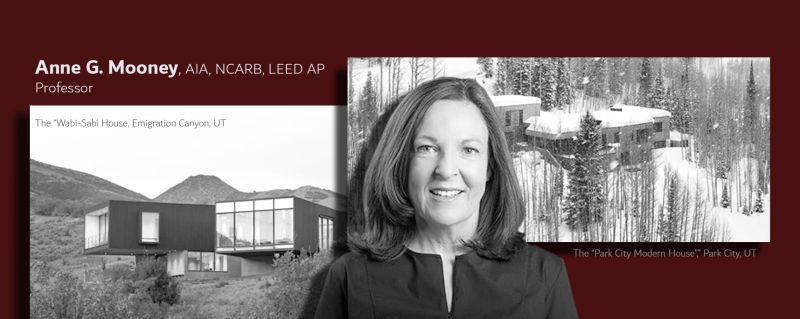 Picture of Anne Mooney in black and white in front of architecture scenery.